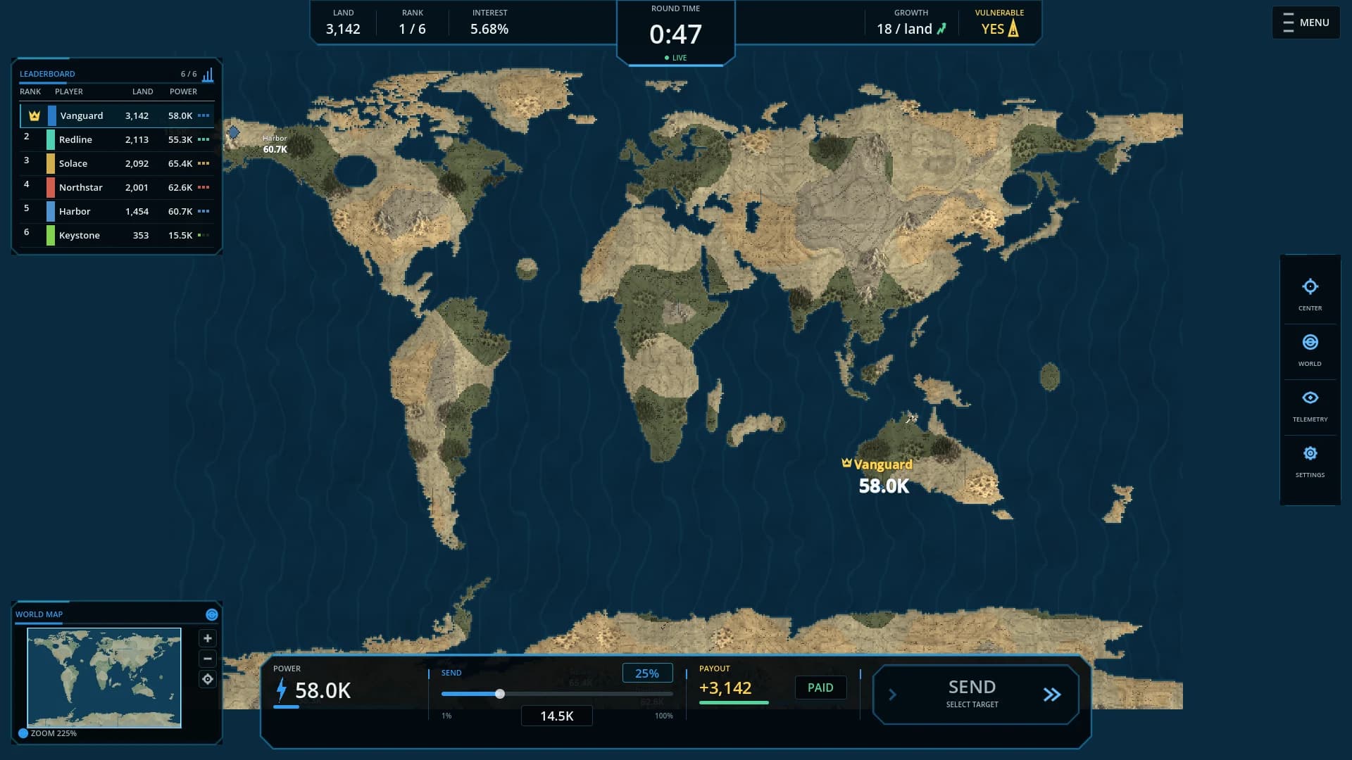 Macrostate prototype with a broad overview of rival territories across a world map